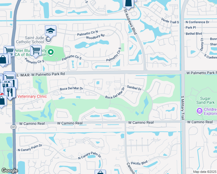 map of restaurants, bars, coffee shops, grocery stores, and more near 22052 Palms Way in Boca Raton