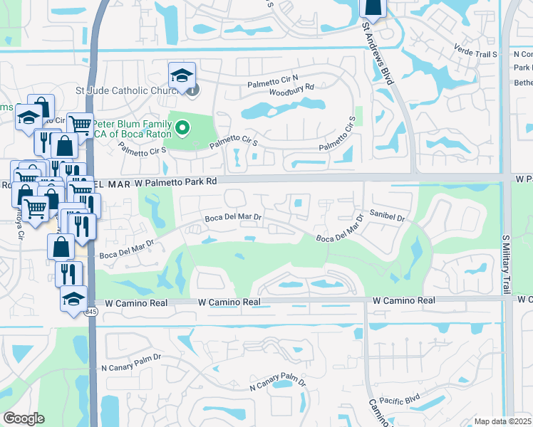 map of restaurants, bars, coffee shops, grocery stores, and more near 19 Longboat Lane West in Boca Raton