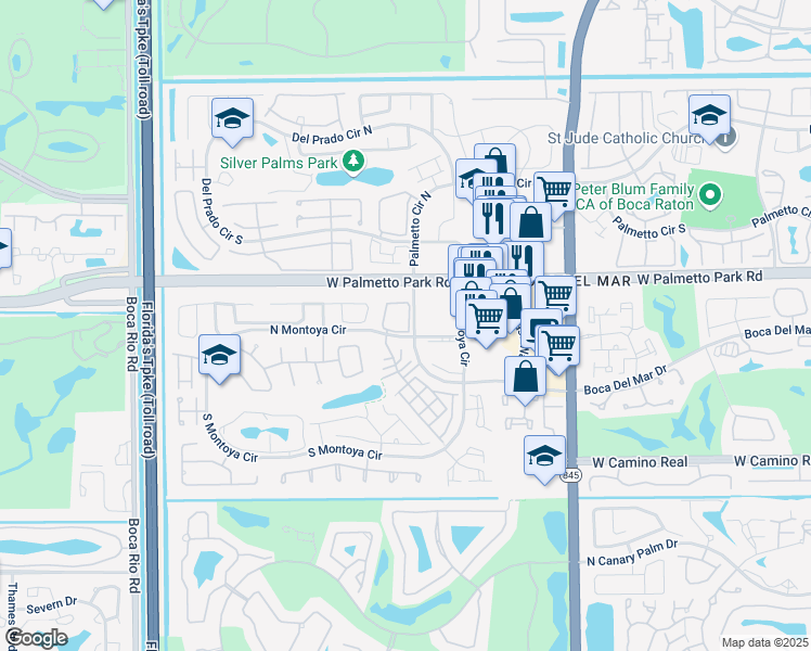 map of restaurants, bars, coffee shops, grocery stores, and more near 22046 Las Brisas Circle in Boca Raton
