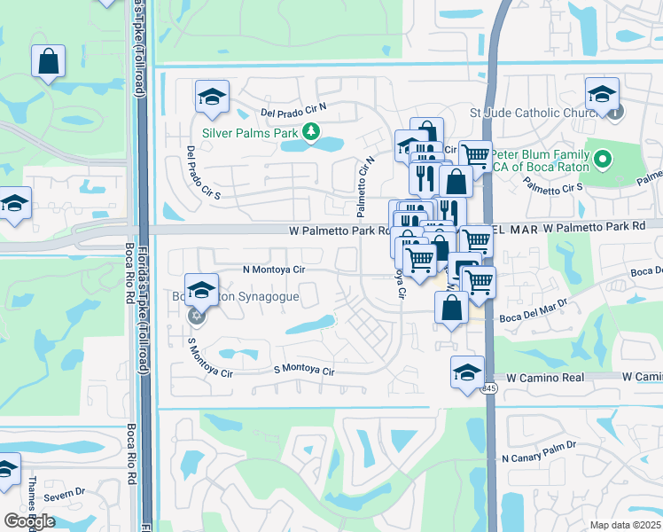 map of restaurants, bars, coffee shops, grocery stores, and more near 107 Las Brisas Circle in Boca Raton