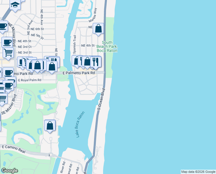 map of restaurants, bars, coffee shops, grocery stores, and more near 250 South Ocean Boulevard in Boca Raton