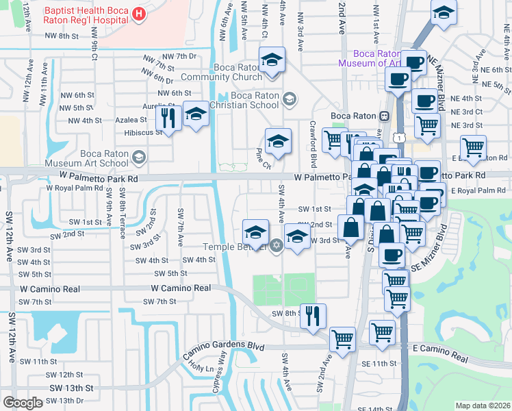 map of restaurants, bars, coffee shops, grocery stores, and more near 477 Southwest 1st Street in Boca Raton