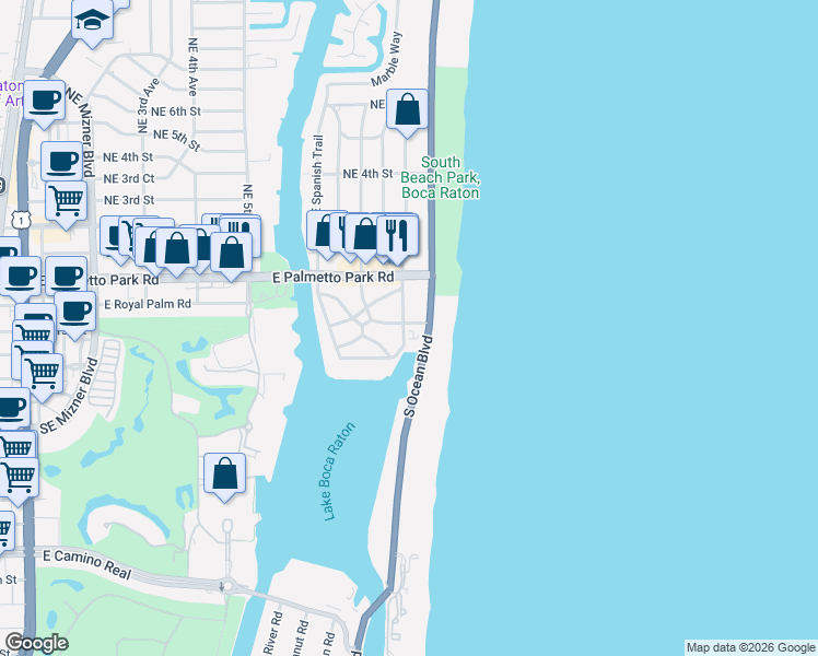 map of restaurants, bars, coffee shops, grocery stores, and more near 195 Southeast Wavecrest Way in Boca Raton