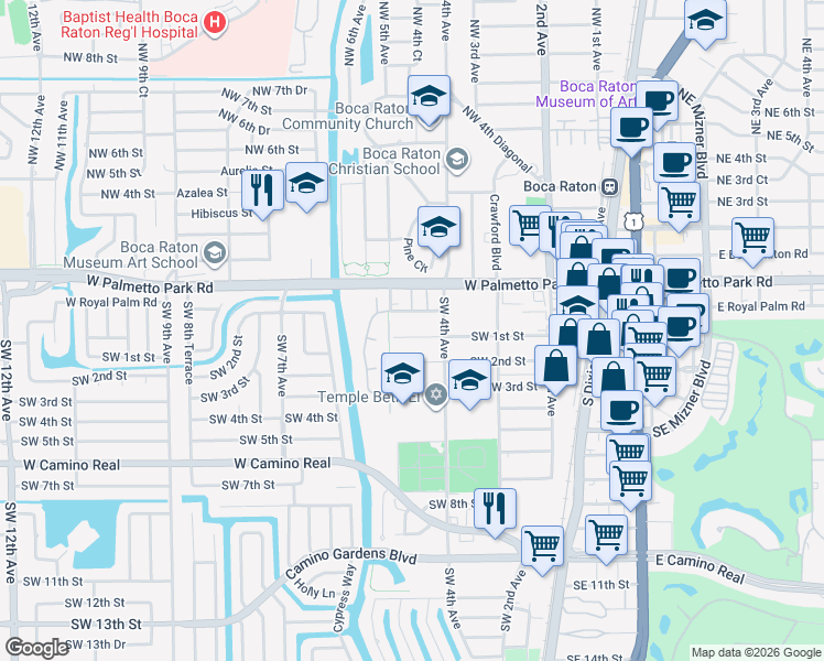 map of restaurants, bars, coffee shops, grocery stores, and more near 477 Southwest 1st Street in Boca Raton