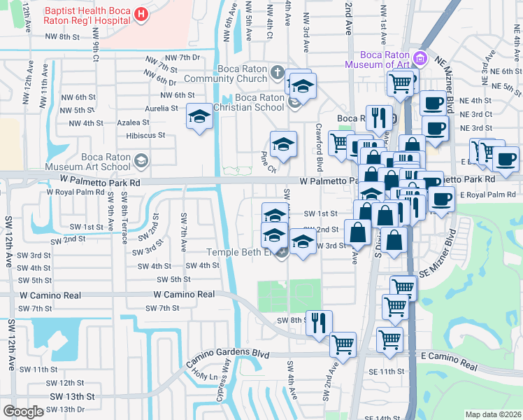 map of restaurants, bars, coffee shops, grocery stores, and more near 477 Southwest 1st Street in Boca Raton