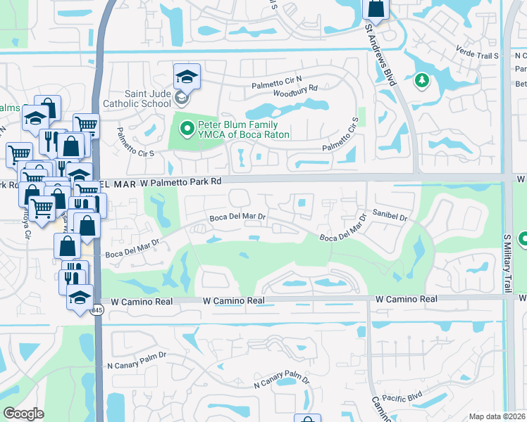 map of restaurants, bars, coffee shops, grocery stores, and more near 19 Longboat Lane West in Boca Raton