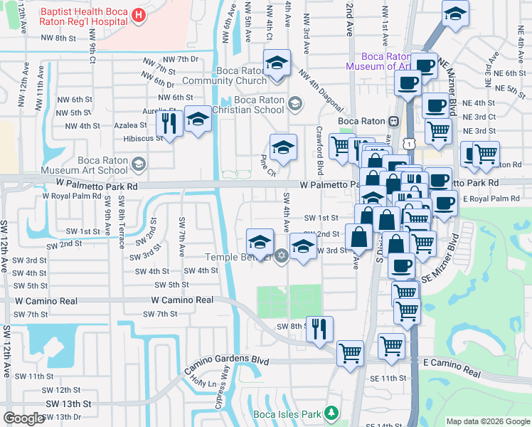map of restaurants, bars, coffee shops, grocery stores, and more near 477 Southwest 1st Street in Boca Raton