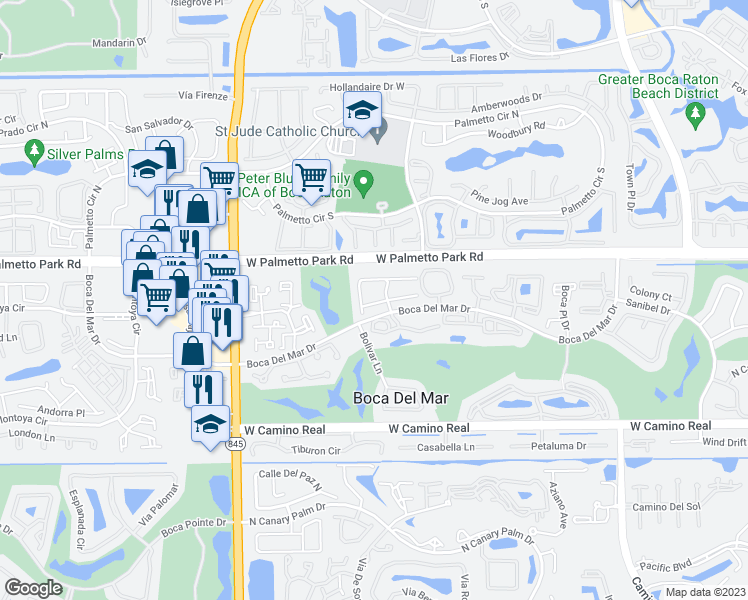 map of restaurants, bars, coffee shops, grocery stores, and more near 6619 Burning Wood Drive in Boca Raton