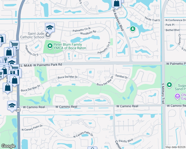 map of restaurants, bars, coffee shops, grocery stores, and more near 22052 Palms Way in Boca Raton