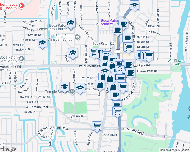 map of restaurants, bars, coffee shops, grocery stores, and more near 50 Southwest 3rd Avenue in Boca Raton