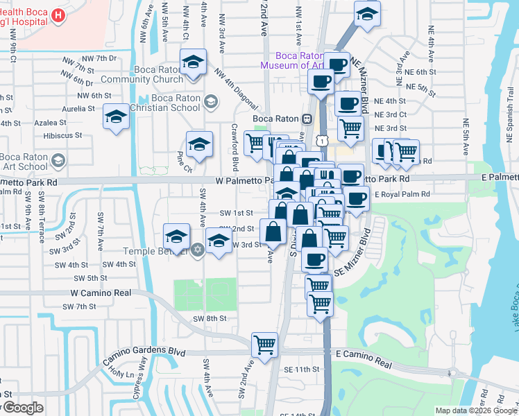 map of restaurants, bars, coffee shops, grocery stores, and more near 50 Southwest 3rd Avenue in Boca Raton