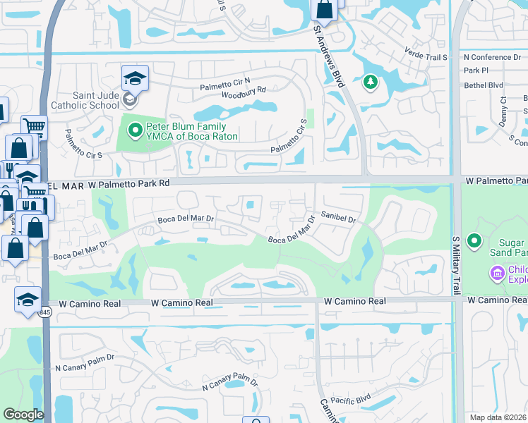 map of restaurants, bars, coffee shops, grocery stores, and more near 22052 Palms Way in Boca Raton