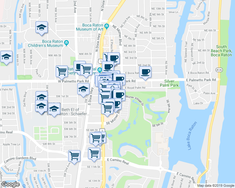 map of restaurants, bars, coffee shops, grocery stores, and more near 101 Plaza Real South in Boca Raton