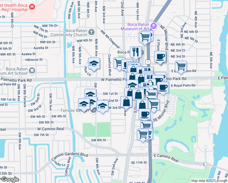 map of restaurants, bars, coffee shops, grocery stores, and more near 50 Southwest 3rd Avenue in Boca Raton