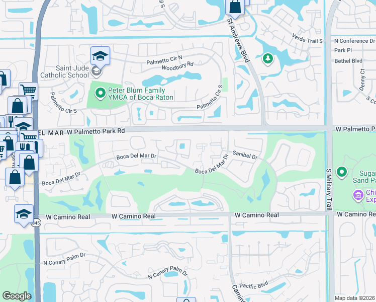 map of restaurants, bars, coffee shops, grocery stores, and more near 22052 Palms Way in Boca Raton