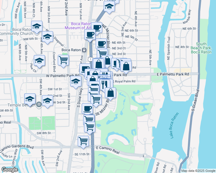 map of restaurants, bars, coffee shops, grocery stores, and more near 99 Southeast Mizner Boulevard in Boca Raton