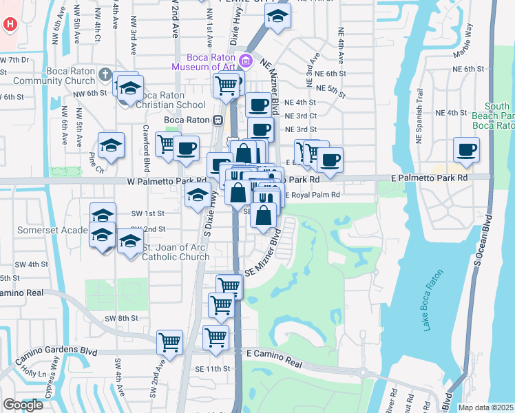 map of restaurants, bars, coffee shops, grocery stores, and more near 109 Plaza Real South in Boca Raton
