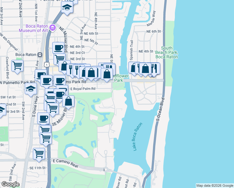 map of restaurants, bars, coffee shops, grocery stores, and more near 300 Southeast 5th Avenue in Boca Raton