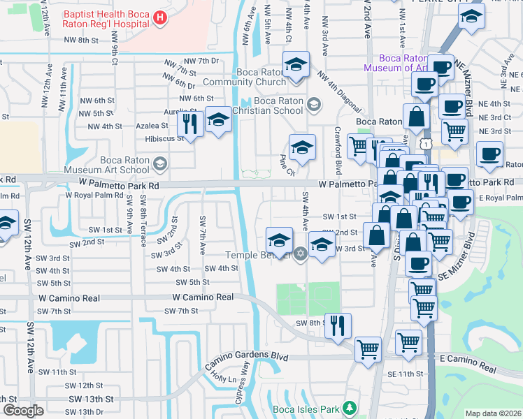 map of restaurants, bars, coffee shops, grocery stores, and more near 96 Del Rio Boulevard in Boca Raton