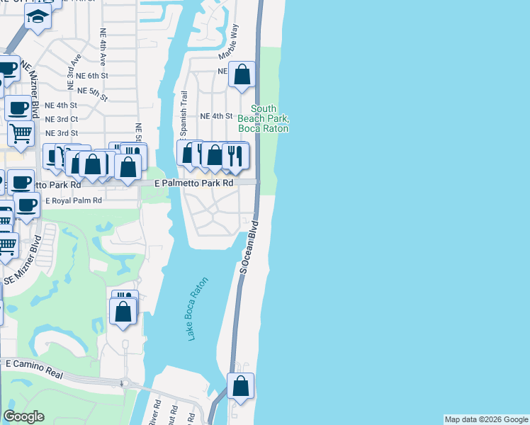 map of restaurants, bars, coffee shops, grocery stores, and more near 250 South Ocean Boulevard in Boca Raton