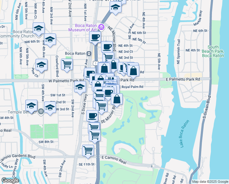 map of restaurants, bars, coffee shops, grocery stores, and more near 99 Southeast Mizner Boulevard in Boca Raton
