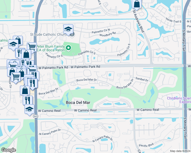 map of restaurants, bars, coffee shops, grocery stores, and more near 19 Longboat Lane West in Boca Raton