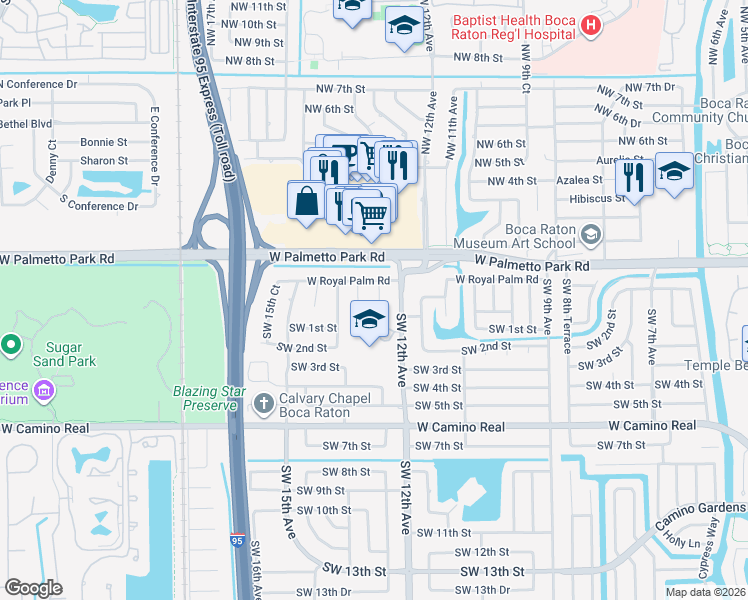 map of restaurants, bars, coffee shops, grocery stores, and more near 55 Southwest 12th Terrace in Boca Raton
