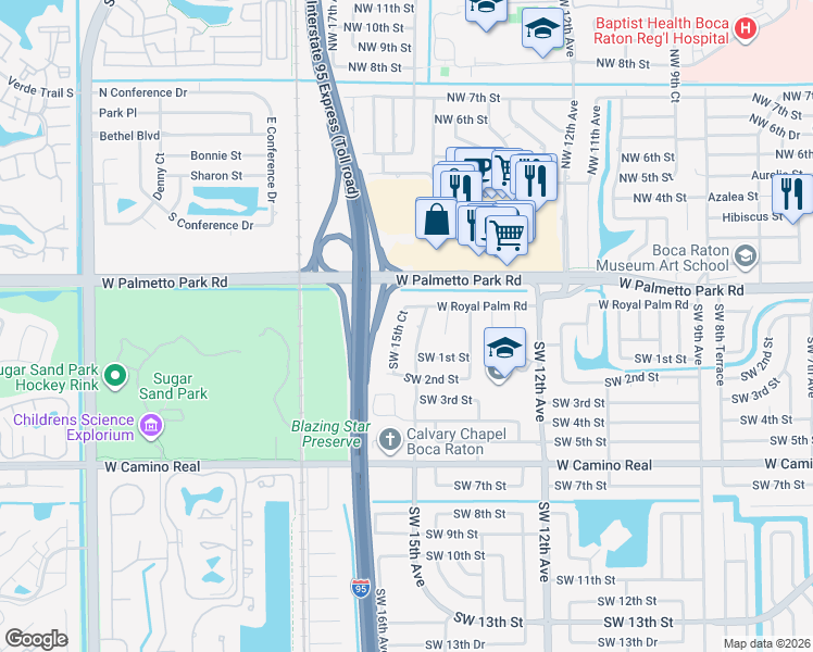 map of restaurants, bars, coffee shops, grocery stores, and more near 56 Southwest 15th Court in Boca Raton