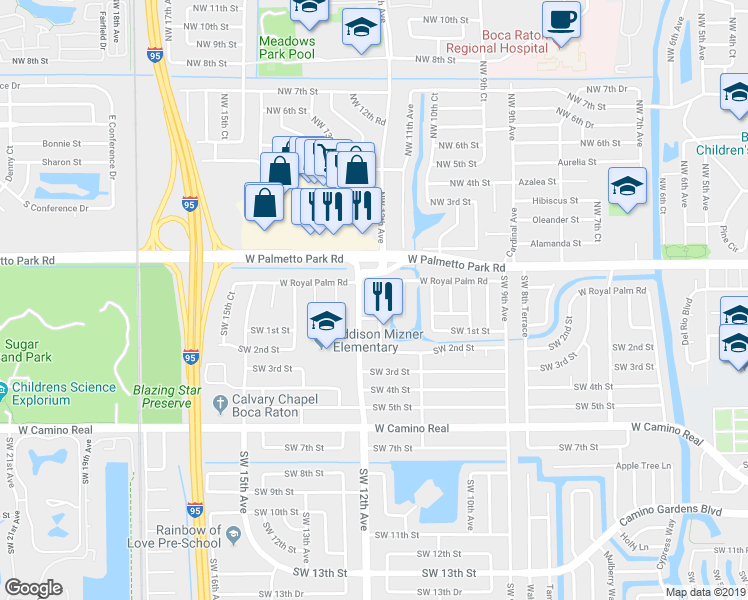 map of restaurants, bars, coffee shops, grocery stores, and more near 71 Southwest 11th Court in Boca Raton