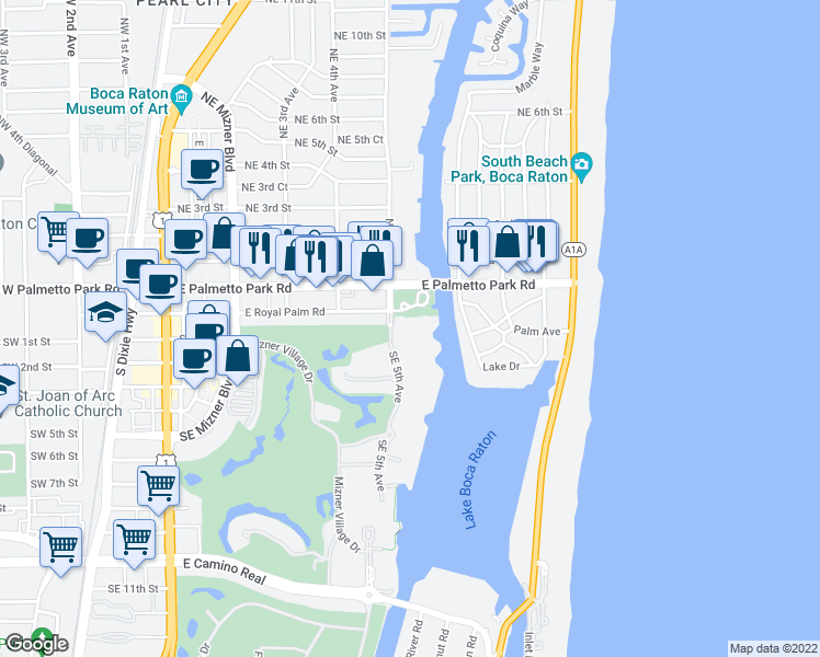 map of restaurants, bars, coffee shops, grocery stores, and more near 300 Southeast 5th Avenue in Boca Raton