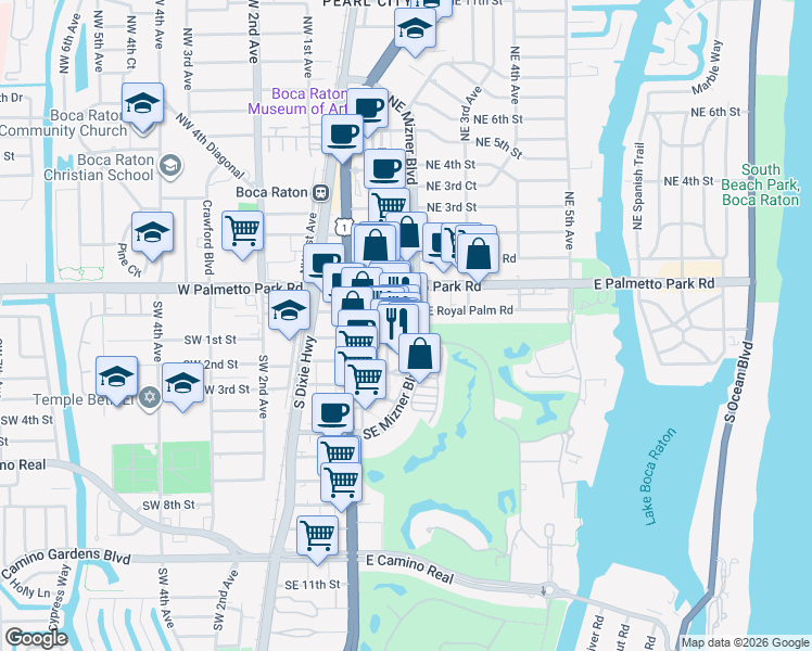 map of restaurants, bars, coffee shops, grocery stores, and more near 99 Southeast Mizner Boulevard in Boca Raton
