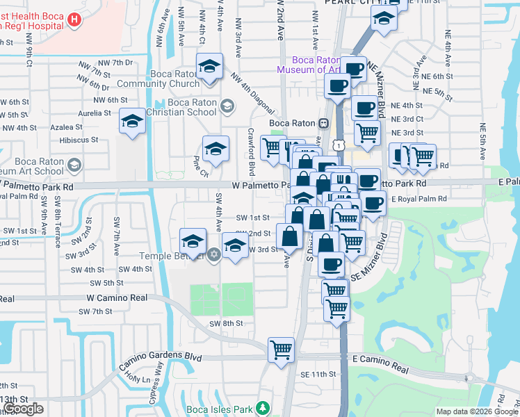 map of restaurants, bars, coffee shops, grocery stores, and more near 50 Southwest 3rd Avenue in Boca Raton