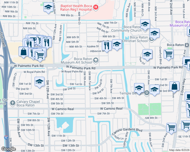 map of restaurants, bars, coffee shops, grocery stores, and more near 125 Southwest 8th Avenue in Boca Raton