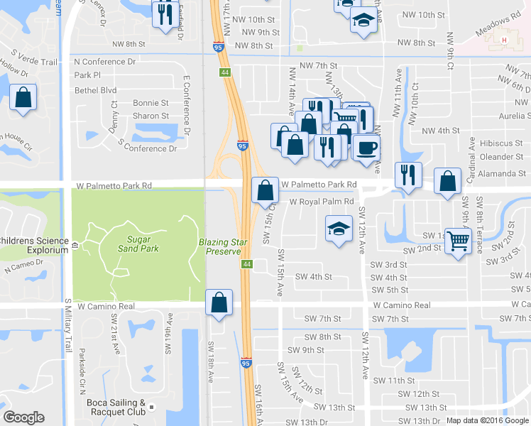 map of restaurants, bars, coffee shops, grocery stores, and more near 56 Southwest 15th Court in Boca Raton