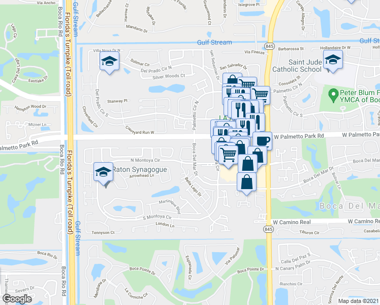 map of restaurants, bars, coffee shops, grocery stores, and more near 22046 Las Brisas Circle in Boca Raton