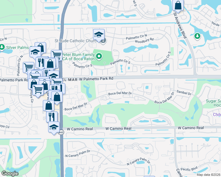 map of restaurants, bars, coffee shops, grocery stores, and more near 6543 Burning Wood Drive in Boca Raton