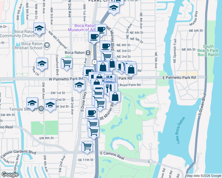 map of restaurants, bars, coffee shops, grocery stores, and more near 99 Southeast Mizner Boulevard in Boca Raton