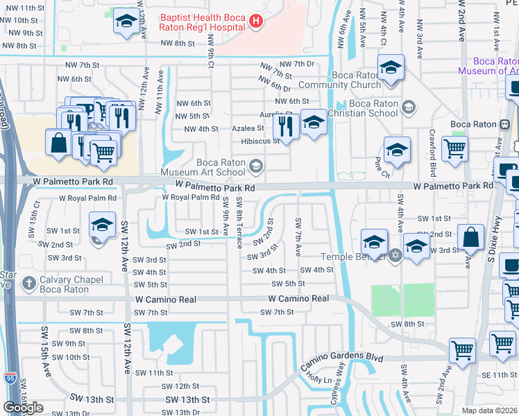 map of restaurants, bars, coffee shops, grocery stores, and more near 125 Southwest 8th Avenue in Boca Raton