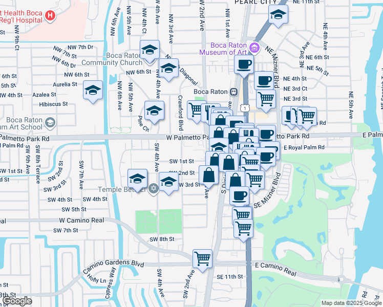 map of restaurants, bars, coffee shops, grocery stores, and more near 50 Southwest 3rd Avenue in Boca Raton