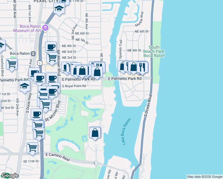 map of restaurants, bars, coffee shops, grocery stores, and more near 100 Southeast 5th Avenue in Boca Raton