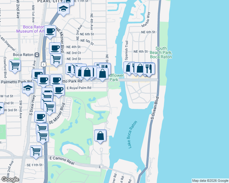 map of restaurants, bars, coffee shops, grocery stores, and more near 100 Southeast 5th Avenue in Boca Raton