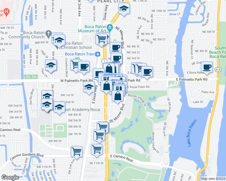 map of restaurants, bars, coffee shops, grocery stores, and more near 101 Plaza Real South in Boca Raton