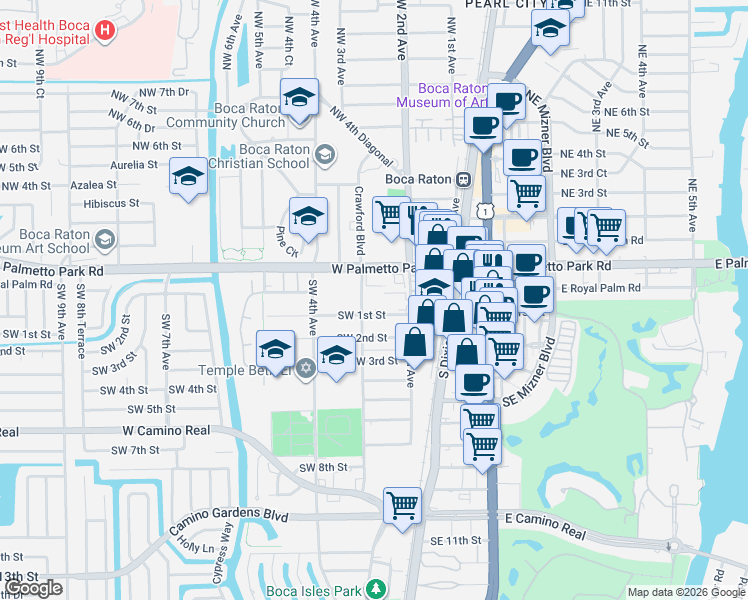 map of restaurants, bars, coffee shops, grocery stores, and more near 50 Southwest 3rd Avenue in Boca Raton