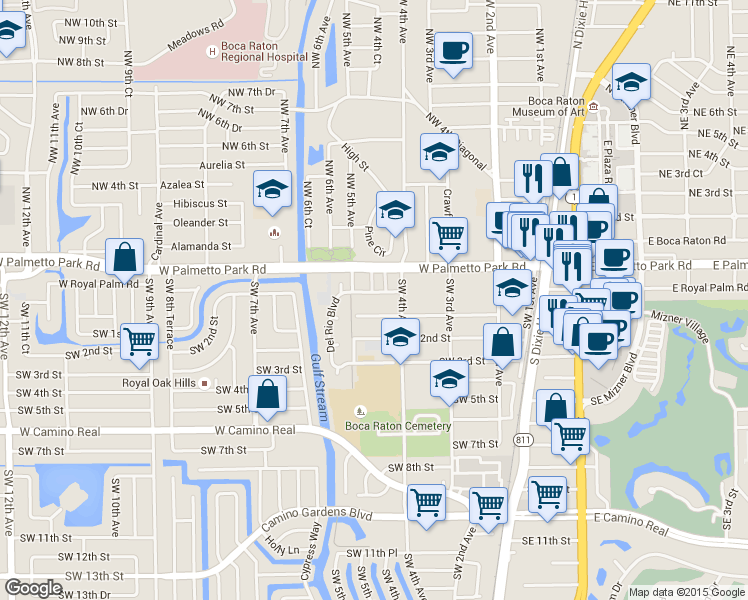 map of restaurants, bars, coffee shops, grocery stores, and more near 477 Southwest 1st Street in Boca Raton