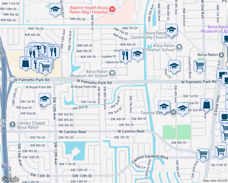 map of restaurants, bars, coffee shops, grocery stores, and more near 125 Southwest 8th Avenue in Boca Raton