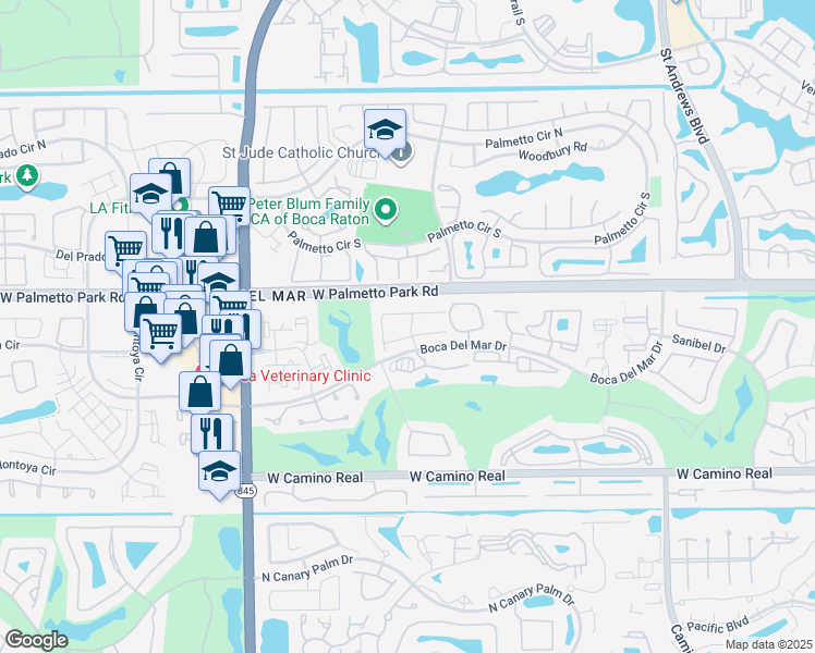 map of restaurants, bars, coffee shops, grocery stores, and more near 6619 Burning Wood Drive in Boca Raton