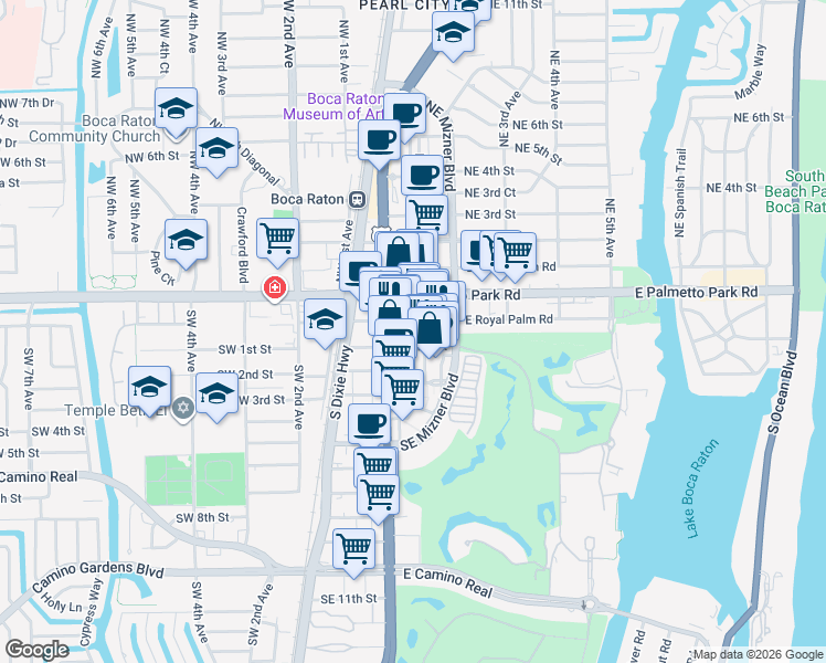 map of restaurants, bars, coffee shops, grocery stores, and more near 101 Plaza Real South in Boca Raton