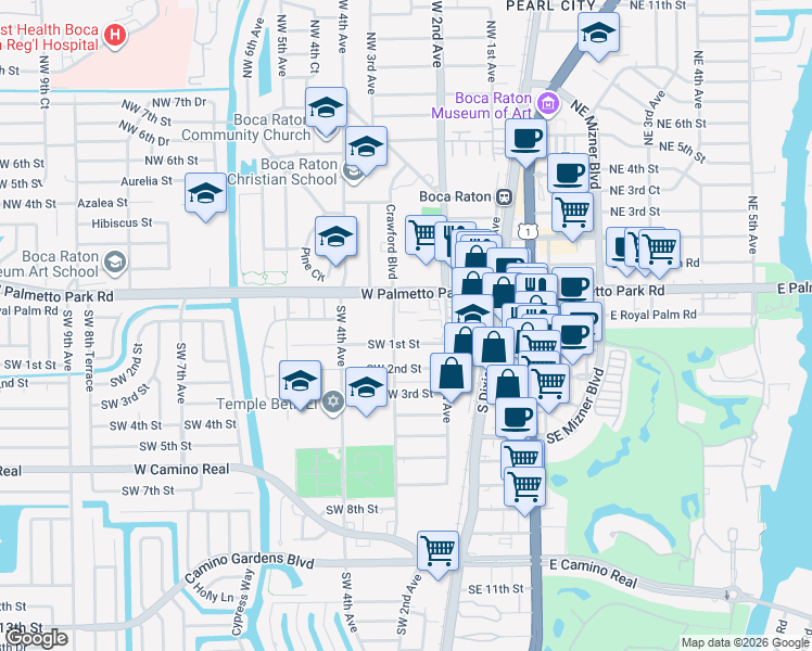 map of restaurants, bars, coffee shops, grocery stores, and more near 50 Southwest 3rd Avenue in Boca Raton