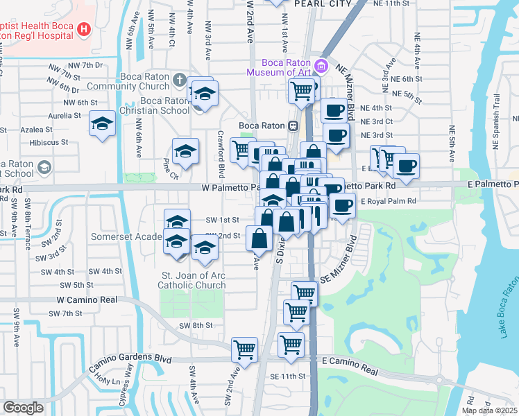 map of restaurants, bars, coffee shops, grocery stores, and more near 180 West Royal Palm Road in Boca Raton