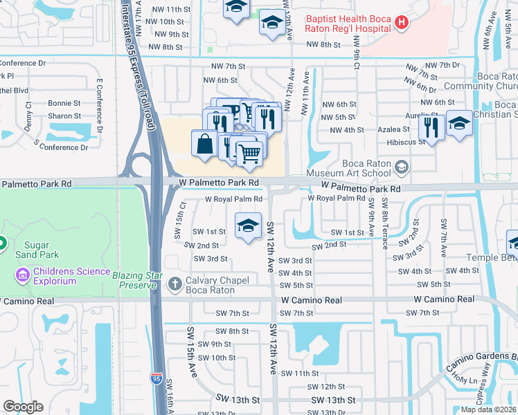 map of restaurants, bars, coffee shops, grocery stores, and more near 42 Southwest 12th Terrace in Boca Raton